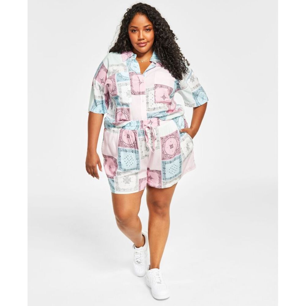 Nina Parker Trendy Plus Size Button Front Cropped Top
